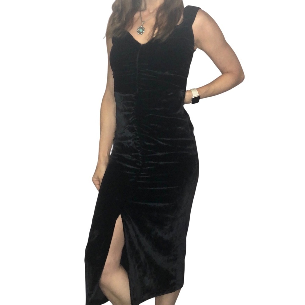 Vintage Velvet Black Midi Dress Sz S Cocktail Event Evening Hollywood Whimsigoth